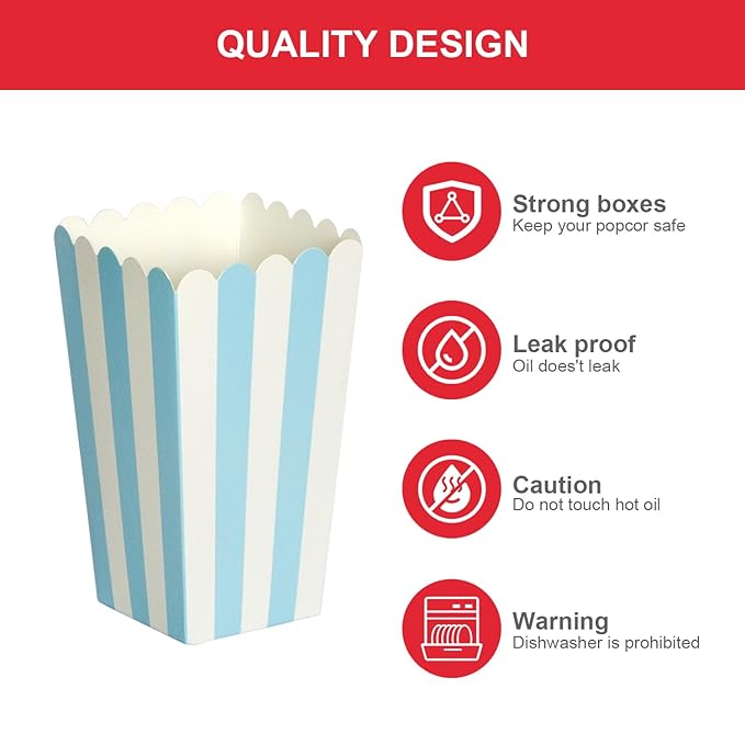 XIEHE 24 Pack Striped Popcorn Boxes - Carnival Parties Mini Paper Popcorn and Candy Containers, Party Supplies for Movie Nights (Blue)