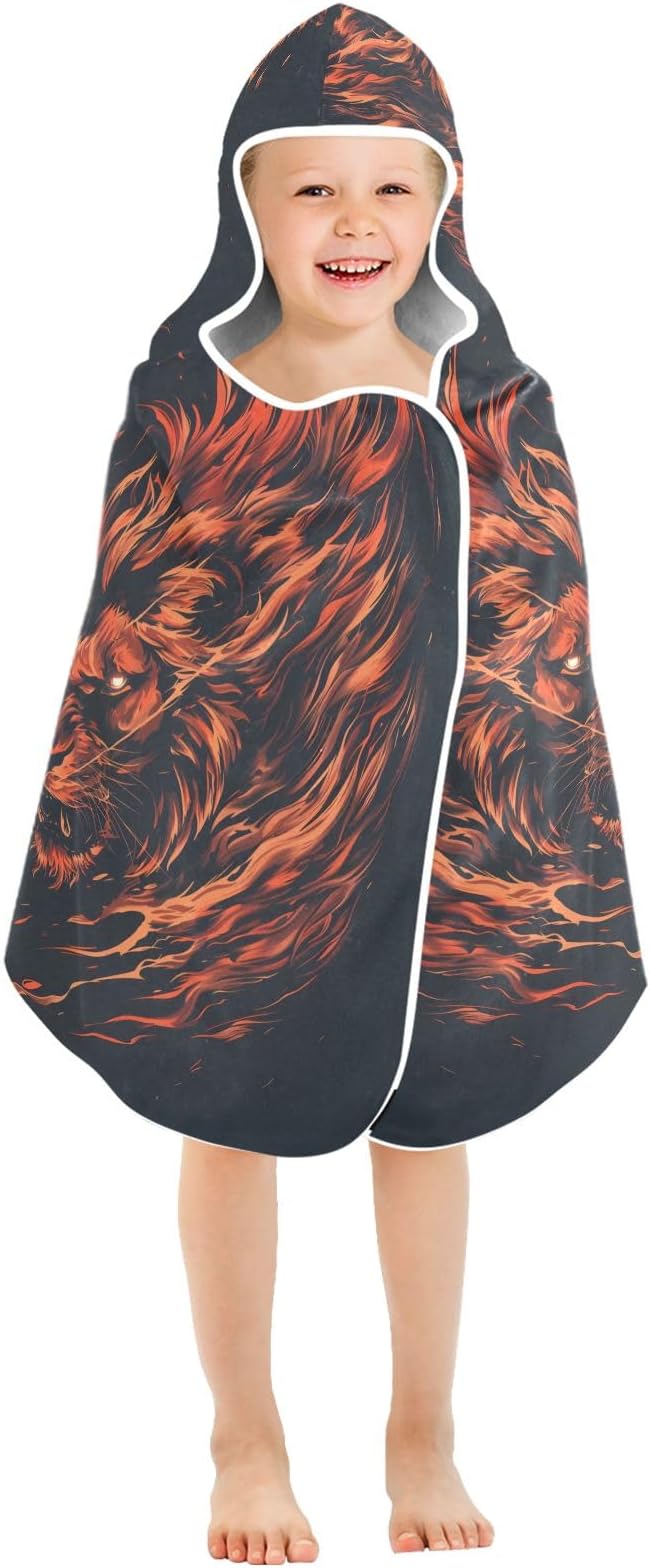 Hooded Towel for Kids Fire Lion Beach Wrap Bath Towels 50x23.5in