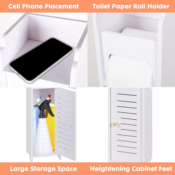 LuiceABC Toilet Paper Holder Stand, Over The Toilet Storage Cabinet for Bathroom, Slim Corner Shelf for Small Space Storage, Small Bathroom Storage Cabinet with Doors - White