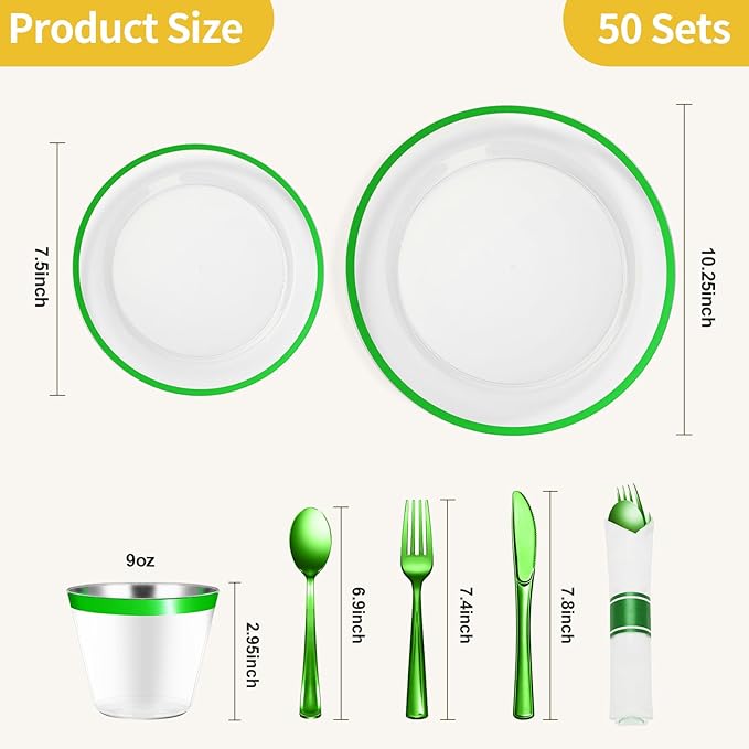 Goodluck 350Pcs Green Plastic Dinnerware Set for St. Patrick's Day, Clear Disposable Plates for 50 Guests, Include 50 Dinner Plates, 50 Dessert Plates, 50 Pre Rolled Napkins with Cutlery Set, 50 Cups