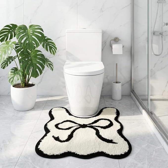 Black Scalloped U-Shaped Toilet Mat 20x24, Cute Luxury Plush Bath Rug, Soft Absorbent Non-Slip Microfiber Floor Mat for Bathroom Decor and Toilet Base, Machine Washable
