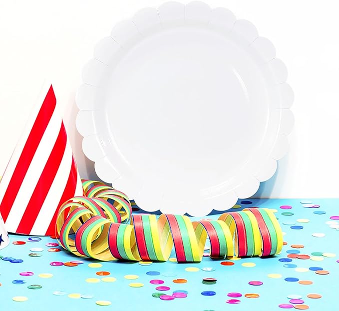 HEIPINIUYE 25 Pieces White Paper Plates 7 Inch White Scalloped Disposable Dinner Plates for Wedding Baby Shower Birthday Party Dessert Plate