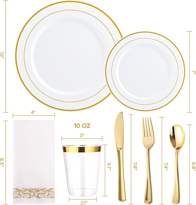 FOCUSLINE 175 Count Gold Dinnerware Set for 25 Guests - Gold Rimmed White Disposable Plastic Plates Heavy Duty, Includes 25 Dinner & Salad Plates, Cups, Cutlery Set for Wedding Parties