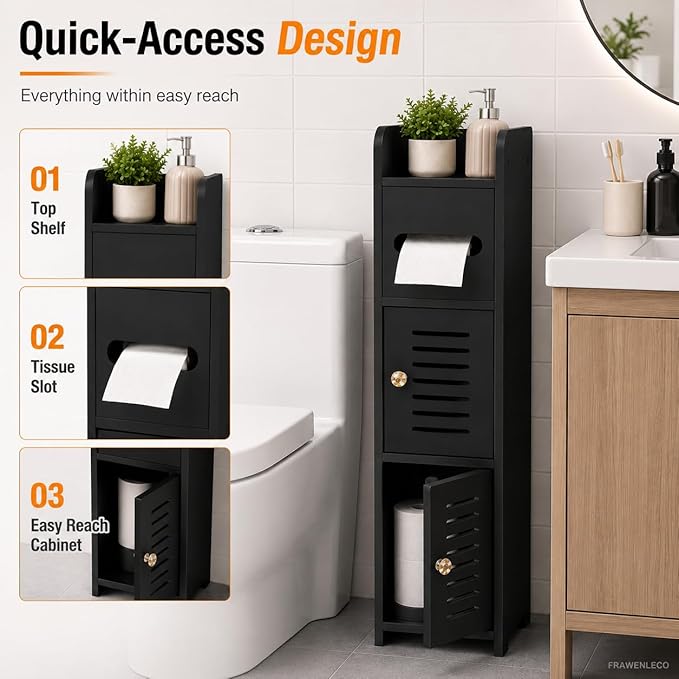 Toilet Paper Holder Stand, Small Bathroom Storage Cabinet with Doors and Toilet Paper Storage, Slim Floor Standing Shelf for Small Spaces,Toilet Storage Cabinet for Bathroom,Black