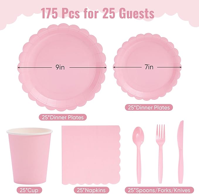 Fijinhom Pink Paper Plates Set, 175 PCS Party Supplies, Disposable Dinnerware Set for 25 Guests, Pink Paper Plates Napkins Cups Plastic Forks Knives Spoons for Christmas