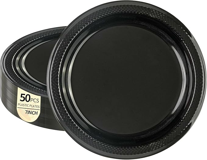50 PCS Black Plastic Plates, 7 Inch Disposable Party Plates Solid Color Dessert Plates for BBQ Picnic Wedding Birthday Party Supplies (Black, 7 Inch)