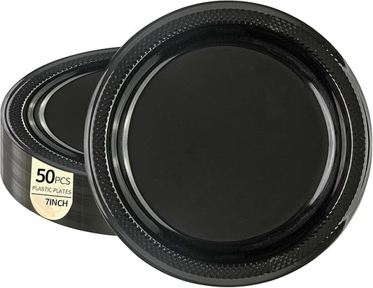 50 PCS Black Plastic Plates, 7 Inch Disposable Party Plates Solid Color Dessert Plates for BBQ Picnic Wedding Birthday Party Supplies (Black, 7 Inch)