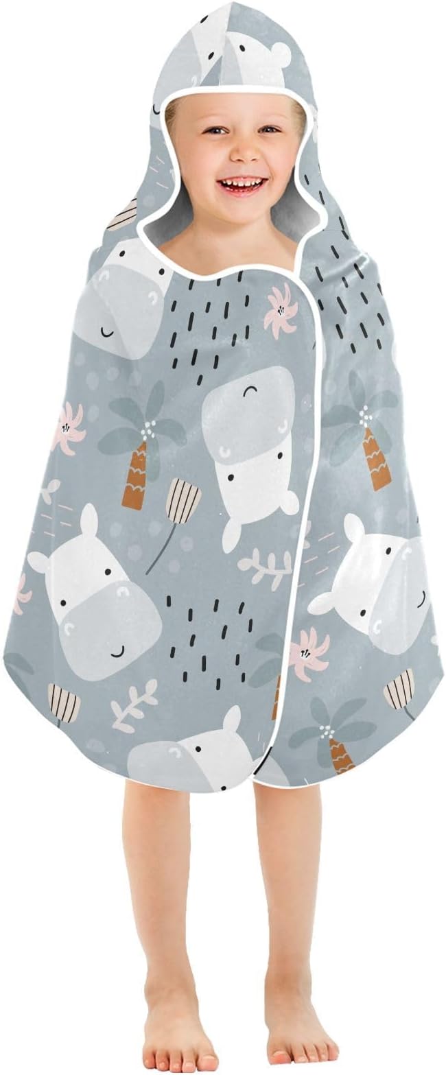 susiyo Kids Hooded Bath Towel Cute Hippo Tropical Plants Beach Towel for Kids 23.5 x 50 Inch Microfiber Soft Absorbent Quick Dry Bath Swim Pool Towel Wrap Poncho Bathrobe with Hood for Kids Toddler