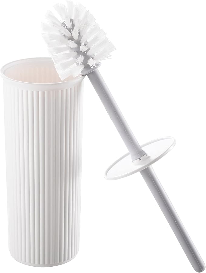 Decorative Plastic Toilet Bowl Brush and Holder Set, White (1 Pack) Cleaner Scrubber for Bathroom - Ribbed Design