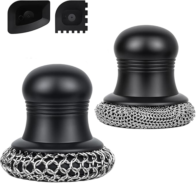 316 Upgraded Cast Iron Scrubber with Pan Scraper,Cast Iron Cleaner for Grill Pan Skillet Wok Carbon Steel,Ergonomic to Hold Easy to Use Dishwasher Safe ((Small&Large Chainmail,2pcs))