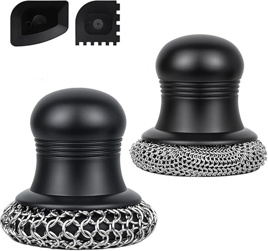 316 Upgraded Cast Iron Scrubber with Pan Scraper,Cast Iron Cleaner for Grill Pan Skillet Wok Carbon Steel,Ergonomic to Hold Easy to Use Dishwasher Safe ((Small&Large Chainmail,2pcs))