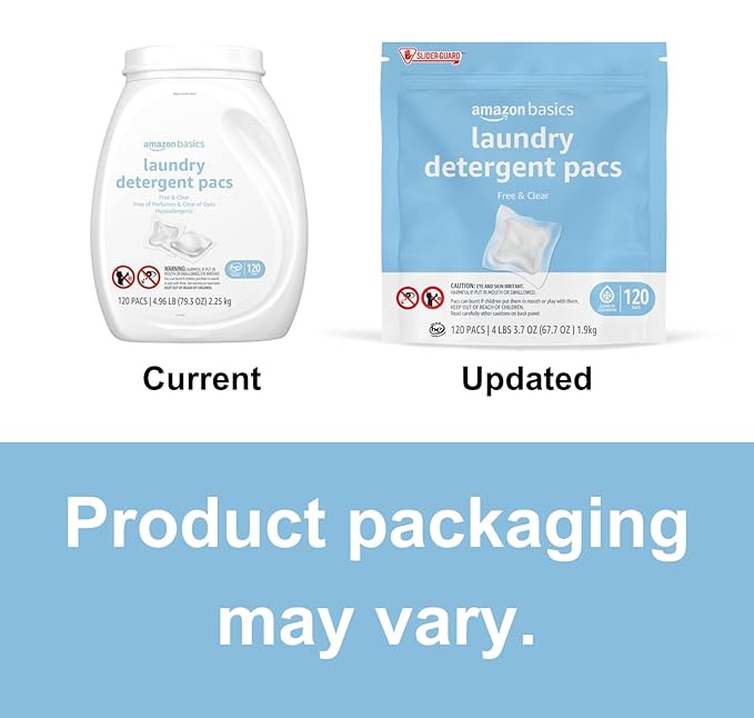 Amazon Basics Laundry Detergent Pacs, Free & Clear, Hypoallergenic, Fragrance Free, HE Compatible, Easy to Use, (New Packaging) 120 Count (Pack of 2)