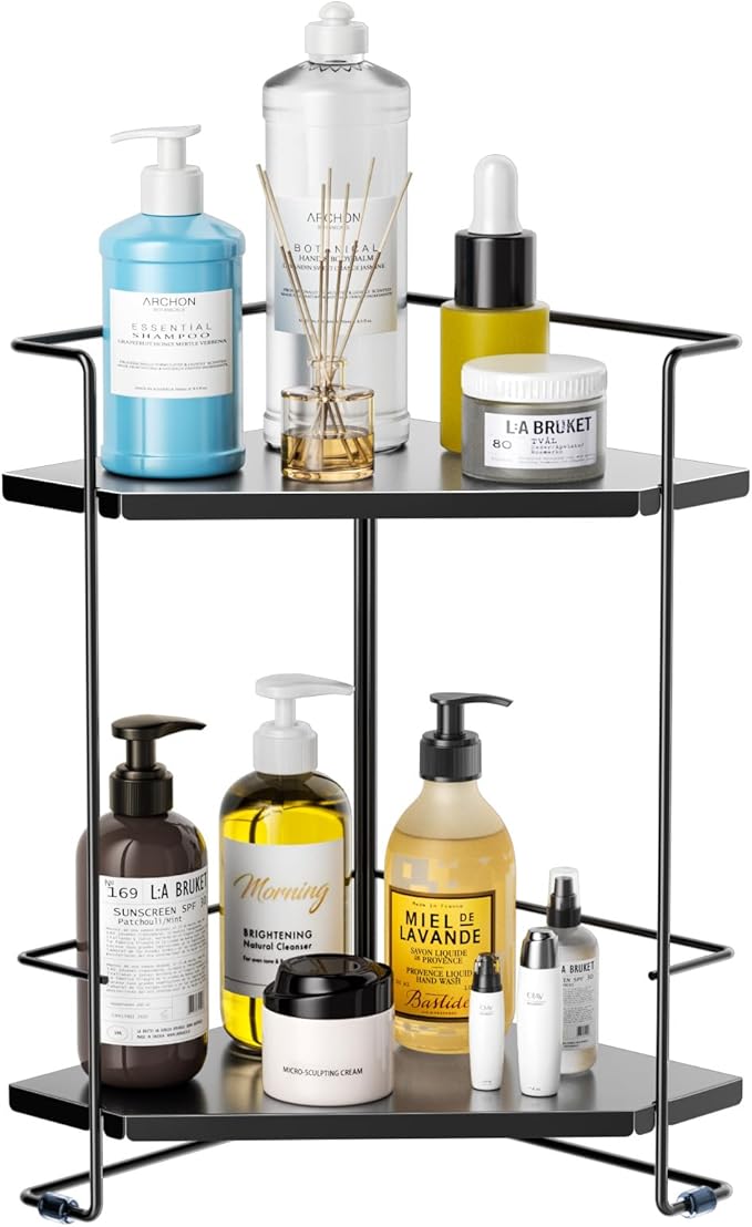 BOIVSHI Bathroom Organizer Countertop, 2-Tier Bathroom Organizers and Storage for Bathroom Countertop, Kitchen Counter, Corner Storage Shelf for Storage, Skincare, Perfume, Makeup (Black)