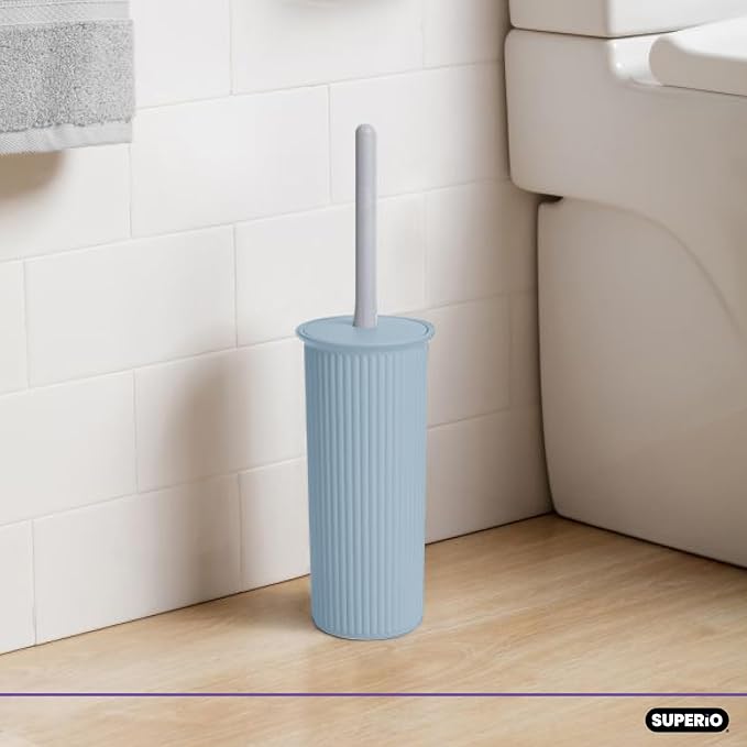 Decorative Plastic Toilet Bowl Brush and Holder Set, Blue (1 Pack) Cleaner Scrubber for Bathroom - Ribbed Design