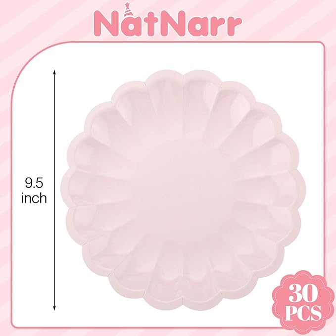 NatNarr 30 Pcs Pink Paper Plates 9.5 In Light Pink Plates Disposable Heavy Duty(350gms) Fancy Plate Scalloped Party Plate with Shell Edge for Wedding Birthday Bridal Shower Girl Baby Shower