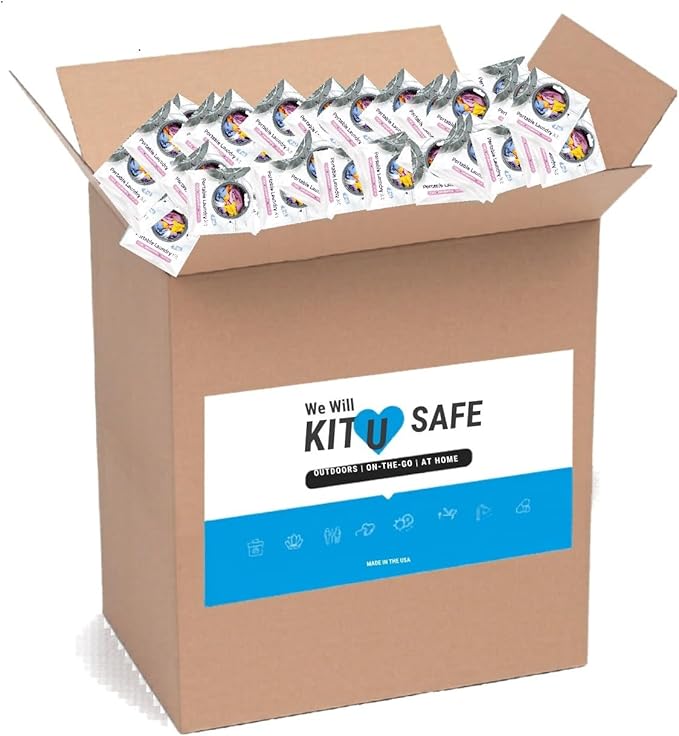 Portable Laundry Kit – Travel Clothes Cleaning Essentials with Liquid Detergent, Stain Remover Wipe, Dryer Sheet & Laundry Bag – Bulk Supply for Motels, Camping & Charities (100 Packs)