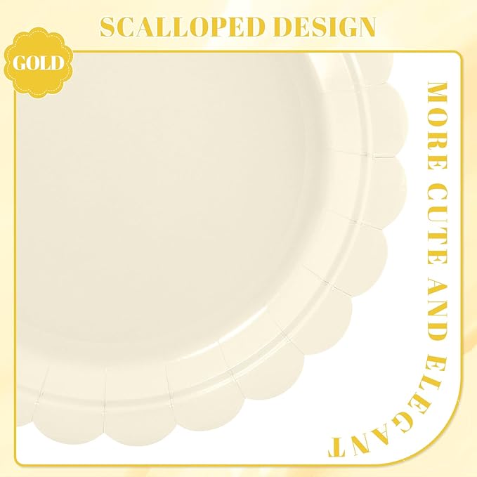 NatNarr 30 Pcs Dessert Plates Disposable, 7 Inch Ivory Paper Plates Scalloped Small Cake Appetizer Birthday Plate Cream Party Plate for Wedding, Baby Bridal Shower