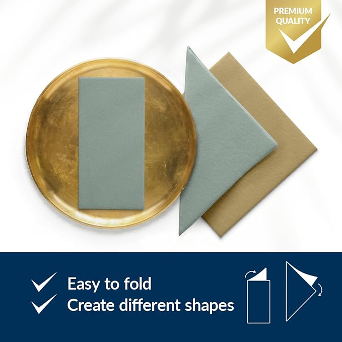 PAW - 50 Pieces Linen-Feel Paper Napkins 16" x 16", Disposable Cloth-Like Napkins Gold, Light Green Dinner Napkins for Party, Wedding, Christmas