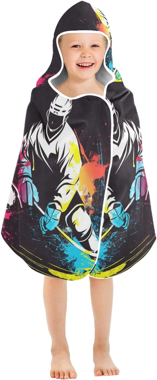 Hooded Towel for Kids Colorful Hockey Player Beach Wrap Bath Towels 50x23.5in