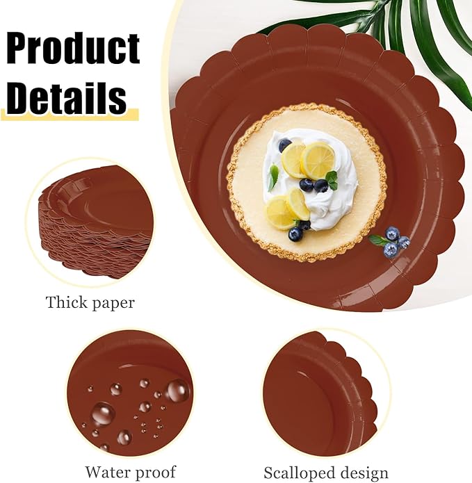 HEIPINIUYE 25 Pieces Brown Paper Plates 7 Inch Brown Scalloped Plates Disposable Dinner Plates for Wedding Baby Shower Birthday Fall Party Dessert Plates