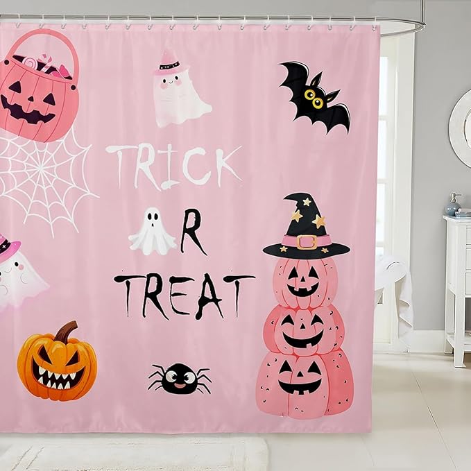 Cute Ghost Spider Web Pumpkin Shower Curtain,Kids Cartoon Style Decorative Bath Curtain,Pink Halloween Home Bathroom Decor Polyester Fabric Waterproof 72 x 84 Inches