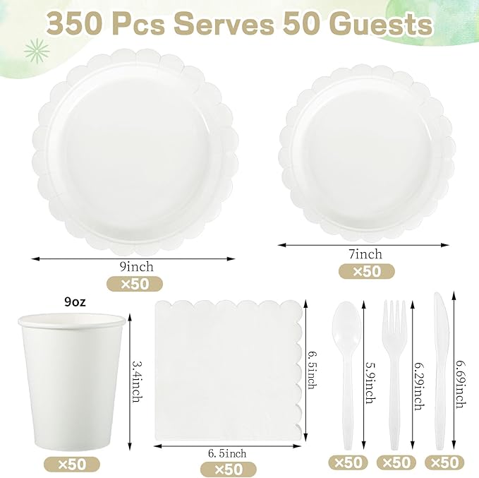 350 Pcs White Paper Plates and Napkins, 50 Guest White Party Supplies Include Scalloped Plates Paper Napkin Cup Plastic Spoon Fork Knive for Baby Shower, Wedding, Birthday