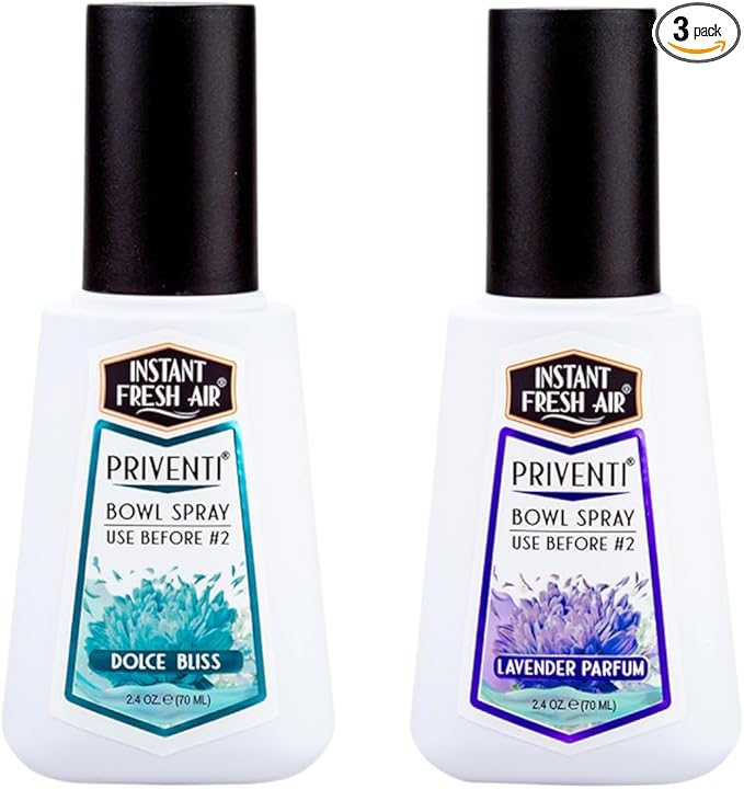 Priventi Bundle – 2 for Everyone: Dolce Bliss + Lavender Parfum | Instant Odor Eliminator with NoxBan™ | Bathroom Spray & Toilet Freshener | Travel, Cruise, College & Vacation Essentials