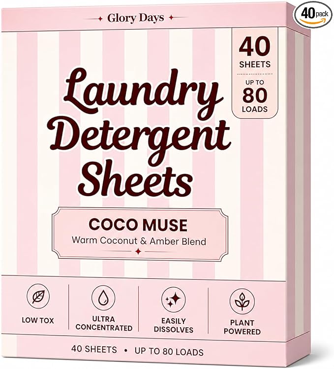 Glory Days Eco Laundry Detergent Sheets Coco Muse Scent – Enzyme-Powered, Plastic-Free, Gentle on Skin – 40 Sheets 80 Loads HE Compatible
