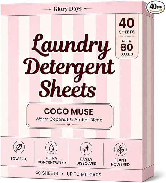 Glory Days Eco Laundry Detergent Sheets Coco Muse Scent – Enzyme-Powered, Plastic-Free, Gentle on Skin – 40 Sheets 80 Loads HE Compatible