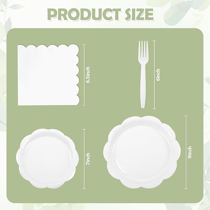 96 Pcs White Paper Plates and Napkins Set Party Supplies, Tableware set for 24 Guest include Disposable White Scalloped Plates, Napkins and Forks for Baby Shower Bridal Shower Wedding
