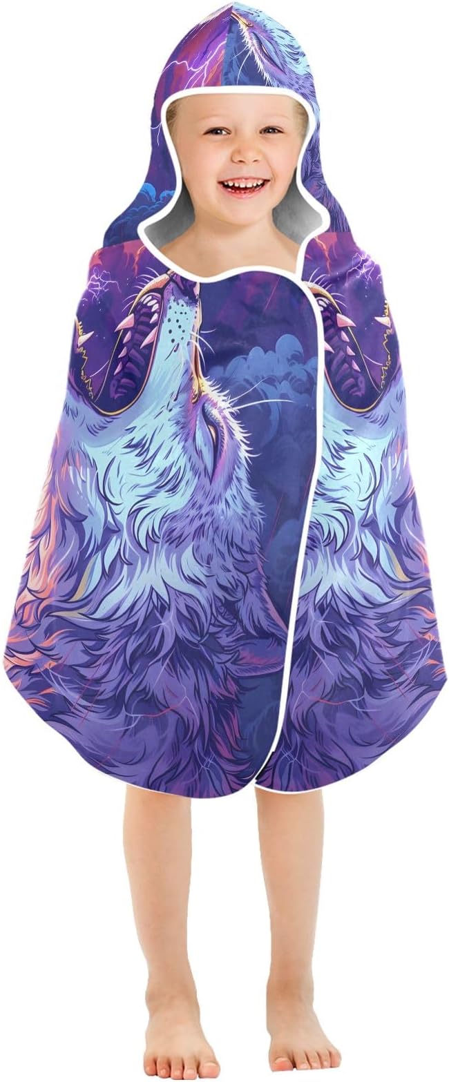 Hooded Towel for Kids Howling Wolf with Lightning in The Sky Beach Wrap Bath Towels 50x23.5in