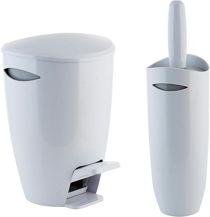 Bath Bliss Contour Waste Bin and Toilet Brush Set | Bathroom Accessory | Step Pedal | Contemporary Design | White