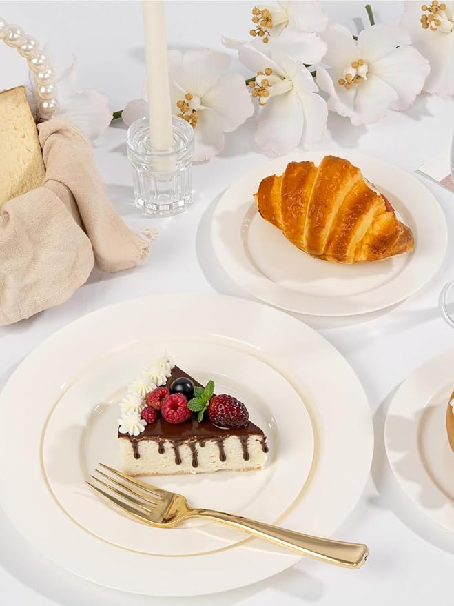 WDF 200PCS Ivory Plastic Plates - Elegant Ivory Disposable Plates for Party- Include 100 Dinner Plate 10inch and 100 Plastic Dessert Plate 7inch Perfect for Party/Baby Shower/Wedding/Birthday