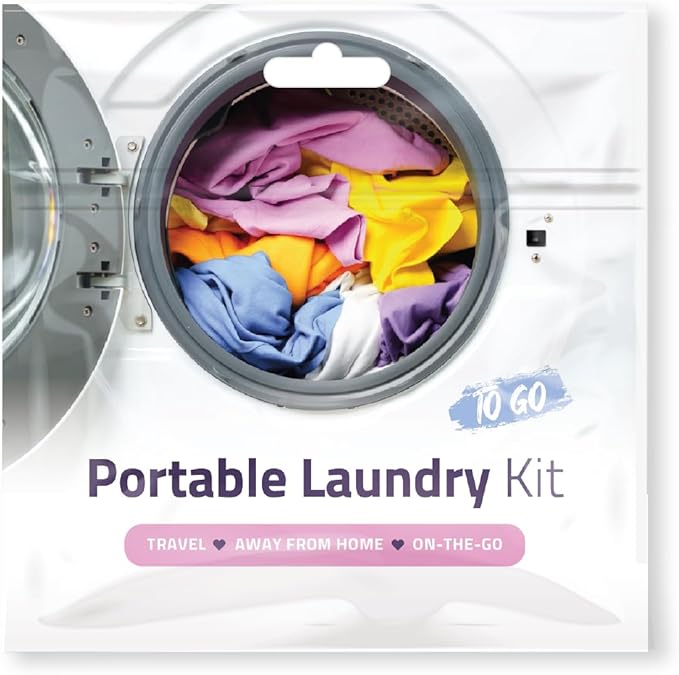 Portable Laundry Kit – Travel Clothes Cleaning Essentials with Liquid Detergent, Stain Remover Wipe, Dryer Sheet & Laundry Bag – Bulk Supply for Motels, Camping & Charities (1 Pack)