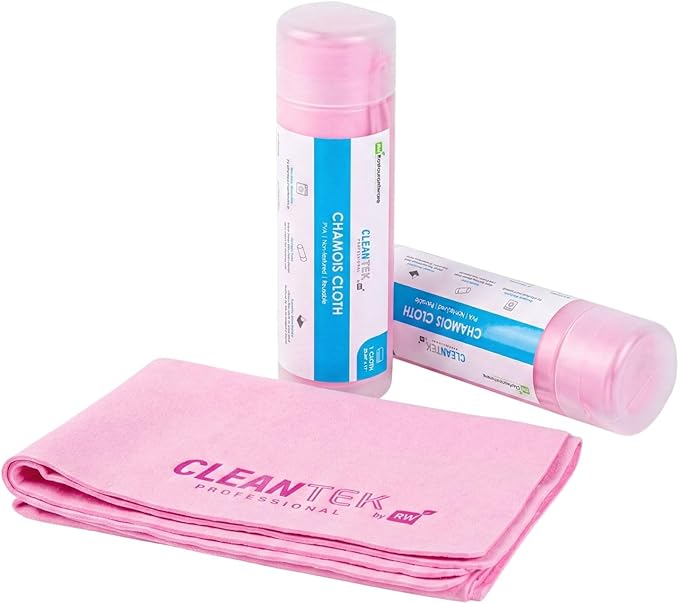 Restaurantware-Clean Tek Professional 25.2 x 16.9 Inch Chamois Cloth, 1 Reusable Microfiber Towel - Storage Tube Included, Absorbent, Pink PVA Microfiber Cleaning Rag, for Windows Or Cars
