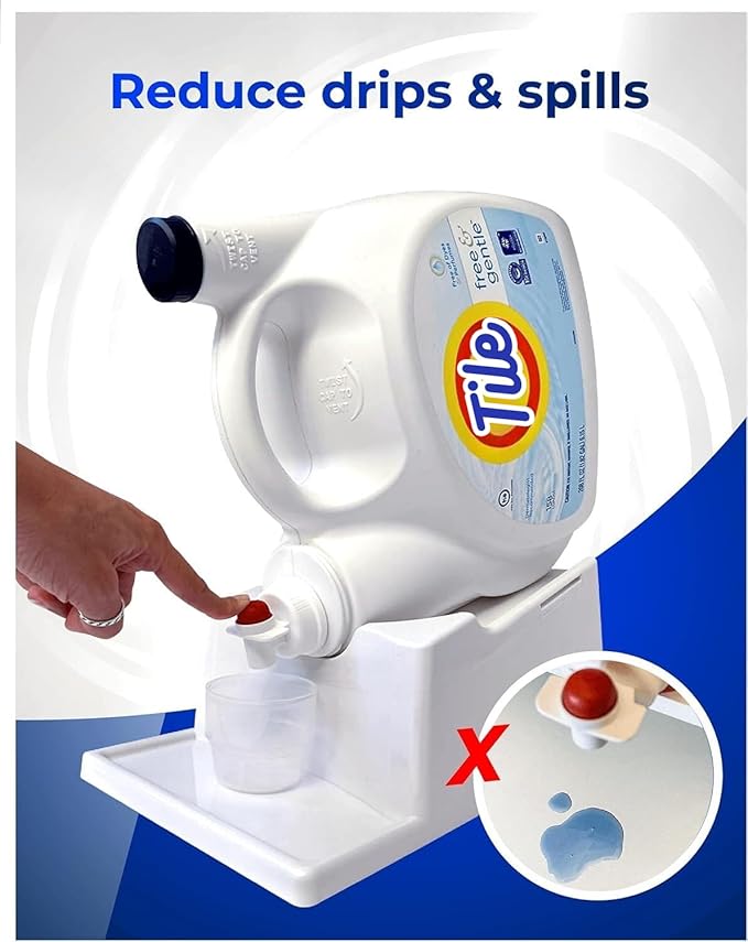 TidyFriend 2 Pack Liquid Laundry Detergent Holder Stand with Strap, Drip Tray & Rubber Feet, Stand for Laundry Room Organization and Storage, Fabric Softener Dispenser Holder for Easy Pouring (White)