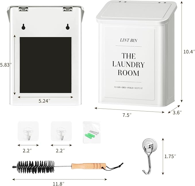 Magnetic Lint Bin for Laundry Room with Lint Brush and Magnetic Hook, Wall Mounted Lint Box with Lid, Farmhouse Laundry Room Decor