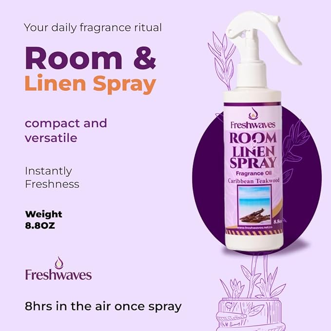Freshwaves Room & Linen Spray | Caribbean Teakwood Fragrance Oil | 8.8oz Air Freshener | Odor Eliminator for Living Room, Bedroom, Bathroom & Office | White Bottle