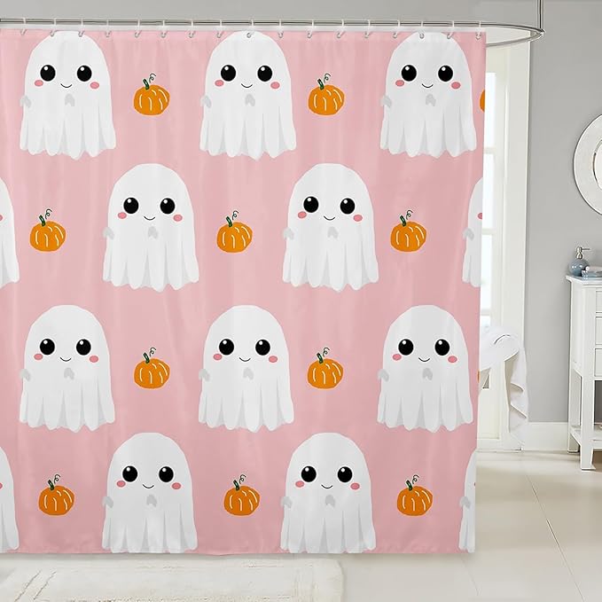 Castle Fairy Watercolor Pumpkin Halloween Fabric Shower Curtain,Hand Draw Pink White Print Shower Curtain for Bathroom,Cartoon Ghost Waterproof Shower Curtain 78 Inch Long