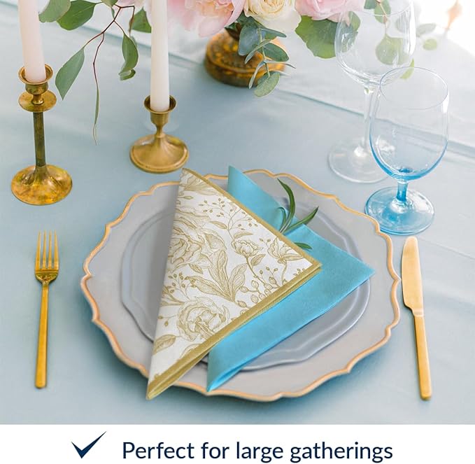 PAW - 50 Pieces Floral Linen-Feel Paper Napkins 16" x 16", Disposable Cloth-Like Napkins with Rose Design, Dinner Napkins for Party, Wedding, Barbecue, Picnic