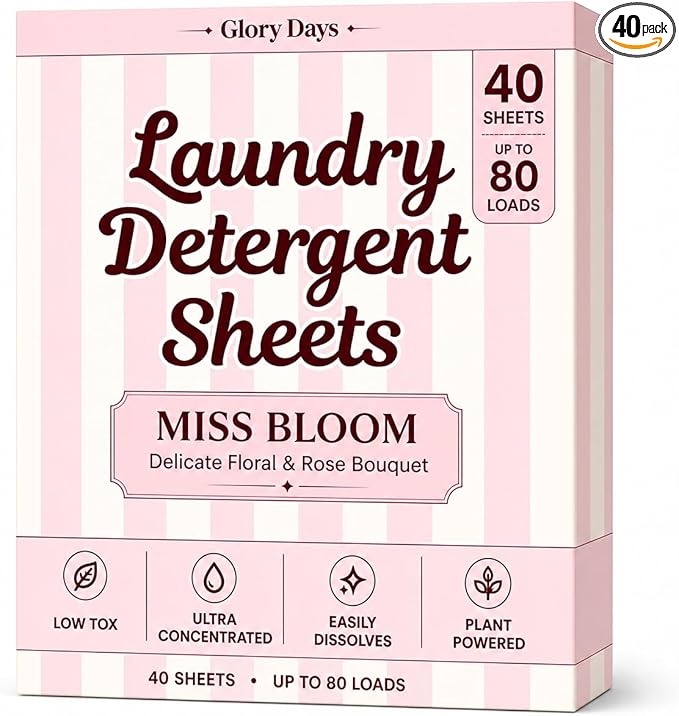Glory Days Eco Laundry Detergent Sheets Miss Bloom Scent – Enzyme-Powered, Plastic-Free, Gentle on Skin – 40 Sheets 80 Loads HE Compatible