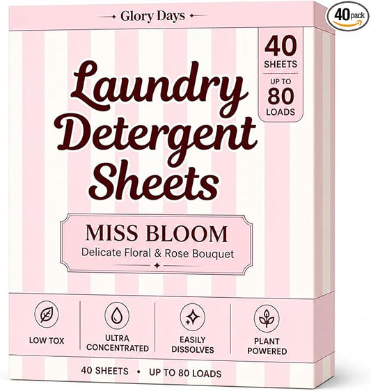 Glory Days Eco Laundry Detergent Sheets Miss Bloom Scent – Enzyme-Powered, Plastic-Free, Gentle on Skin – 40 Sheets 80 Loads HE Compatible