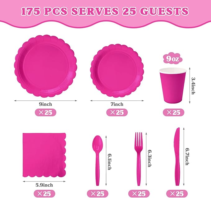 Vyntra 175 Pcs Hot Pink Disposable Paper Plates and Napkins Set for 25, 9" Dinner Plates & 7" Dessert Plates, Tableware for Birthday, Bachelorette, Party