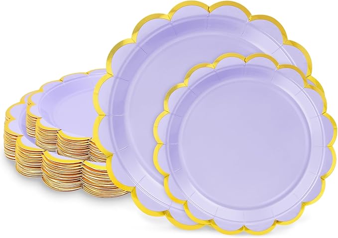 50 Pcs Light Purple Paper Plates, 25 Pcs 9" and 25 Pcs 7" Disposable Light Purple Scalloped Plates with Gold Foil for Graduation Wedding Baby Shower Birthday Party Picnic BBQ