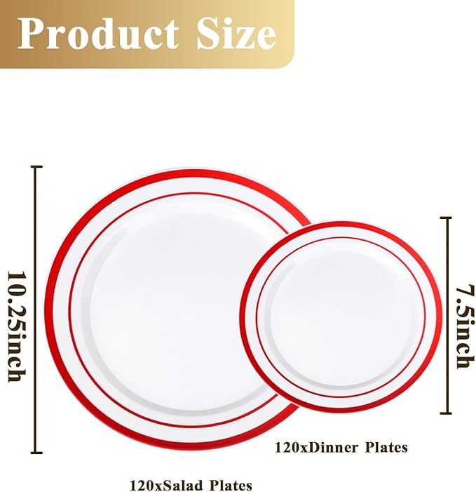 Goodluck 120 Pack Red Rim Plastic Plates - 60 Dinner Plates (10.25") & 60 Dessert Plates (7.5") - Heavy Duty Disposable White Plates with Elegant Red Trim - Premium Dinnerware Set for Wedding