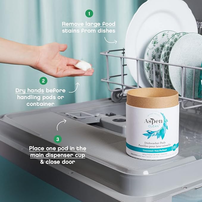AspenClean | Unscented Dishwasher Pods | Cuts Grease and Grime | Zero Plastic | Non - Toxic | 100% Natural Dishwasher Detergent | EWG Verified - 28 Count (Pack of 3)