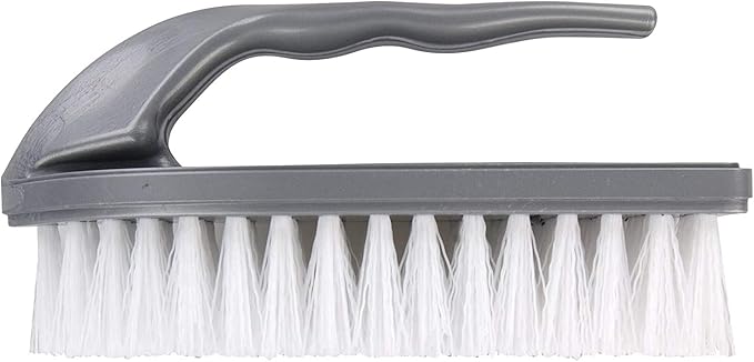 Elliott Iron Shaped Scrubbing Brush with Curved Grip Handle, Durable Hard Synthetic Plastic Fibres, Ergonomic Shape Ideal for deep Cleaning, BPA Free in a Silver Colour