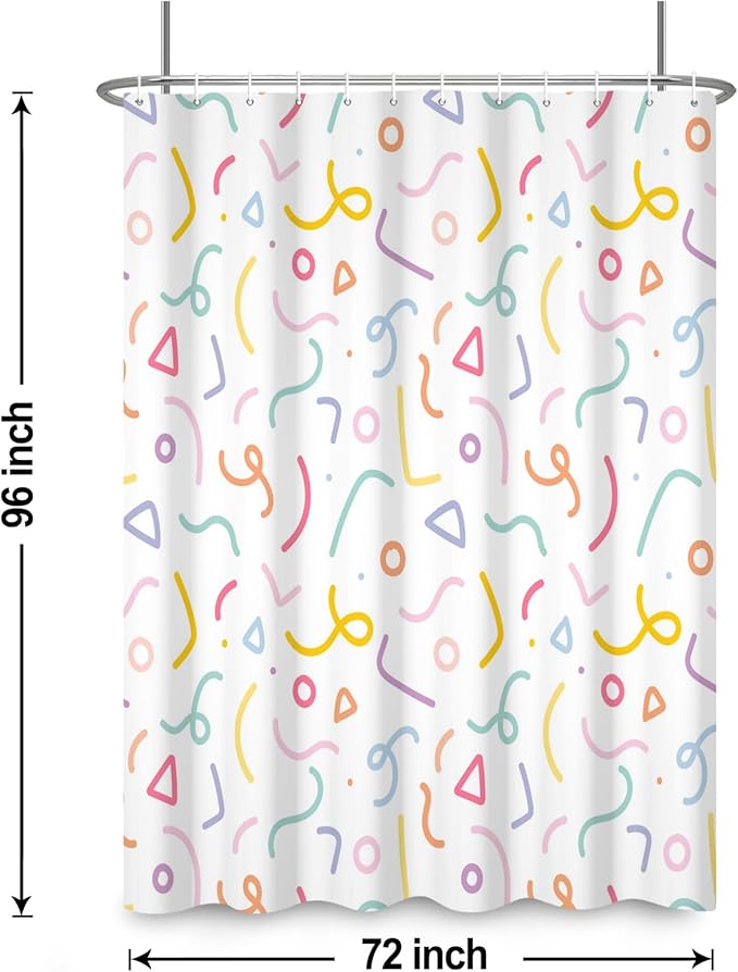 Cute Colorful Doodle Shower Curtains Playful Confetti Shower Curtain Decorative for Bathroom Pastel Waterproof Fabric Bathroom Decorations with Hooks 72x96 Inches