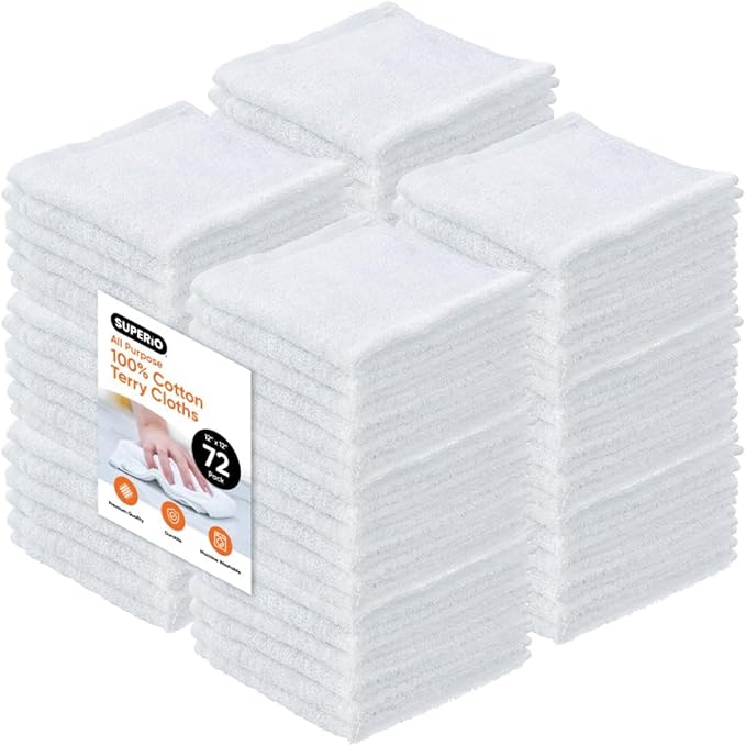 Superio Terry Cloth Rags White Washcloths 100% Cotton 12" Cleaning Cloths, Kitchen Towels, Facial Washcloth, Spa Cloths, Hand Towel, Small Lint Free Rags for Multi-Purposes, 72 Pack