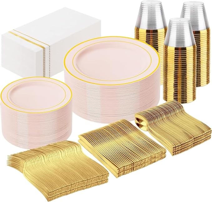 GATHER 350PCS Pink Plastic Plates - Disposable Plastic Dinnerware Set Include 100 Pink Plates, 150 Silverware, 50 Napkins, 50 Cups for Party & Wedding & Baby Shower